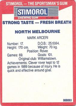 1990 AFL Scanlens Stimorol #103 Mark Arceri Back